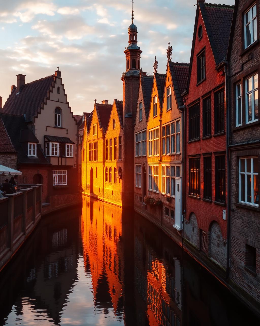 Belgian canal city glowing at dusk
