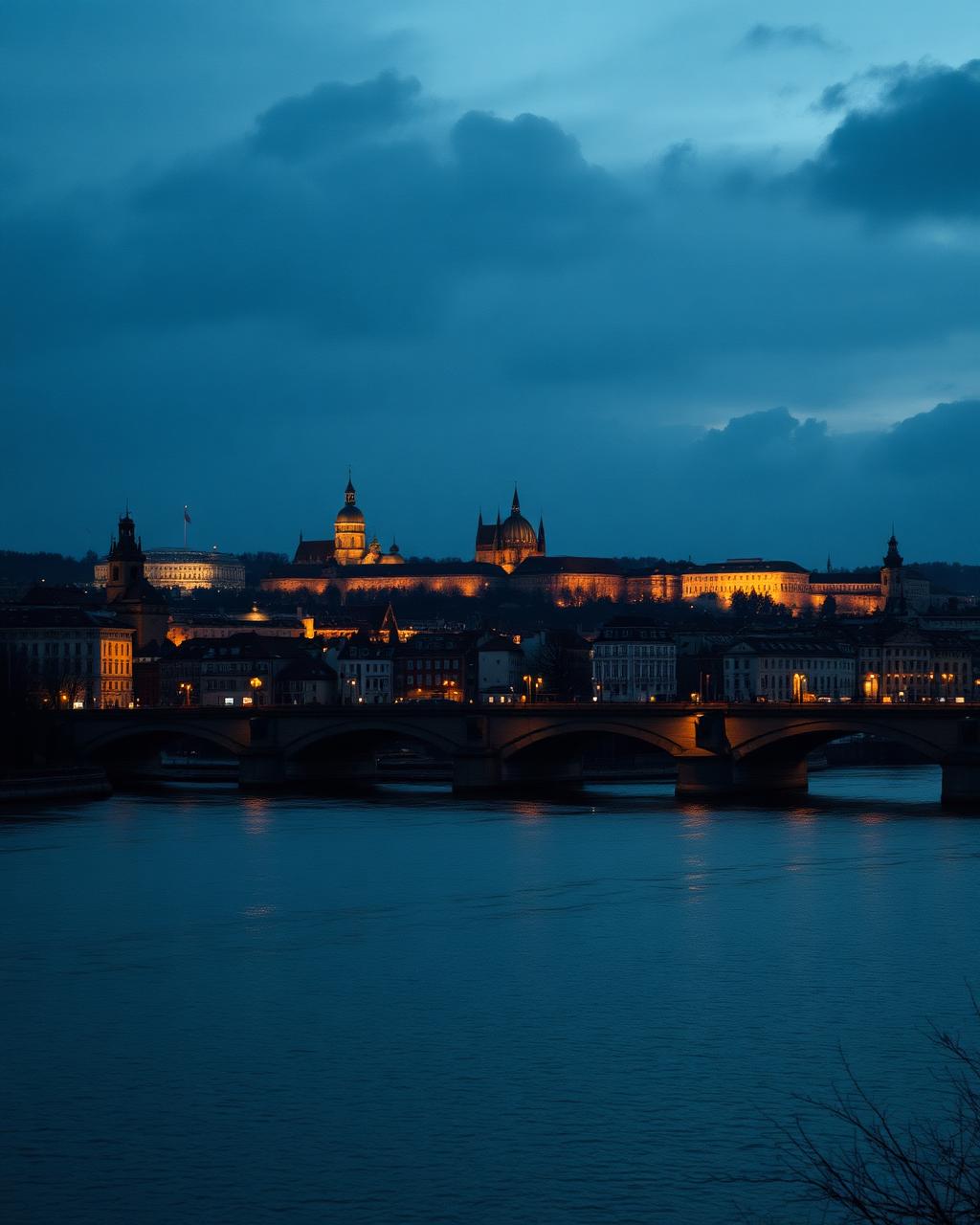 Prague skyline across the river at night
